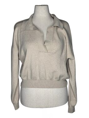 One Grey Day Beige Collared V Neck Knit Sweater Medium Soft Relaxed